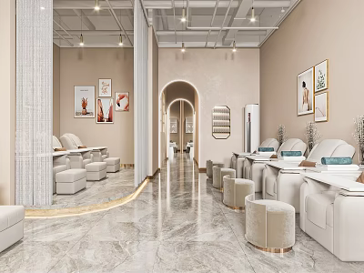 Modern Beauty Hair Salon Spacious Interior With Marble Flooring Arched Doorway And Beauty Workstations 3d model