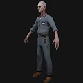 Bald Man With Forehead Scar White Eyebrows White Eye In Torn Gray Shirt Black Background
