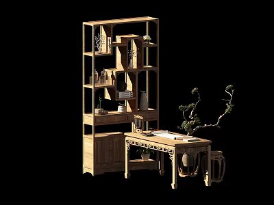 Rustic Wooden Stool In Interior With Bookshelf Table And Potted Plant 3d model
