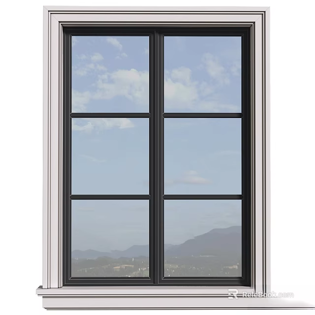 Modern Black Frame Casement Window With Multiple Panes Clear Glass And Scenic Mountain View 3d model 