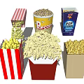 Assorted Popcorn in Striped Boxes Bucket Blue and Beige Containers with Scattered Kernels 3d model