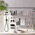 Modern Stylish Bathroom Accessories With Shower Heads Faucets Shelves Toiletries And Green Plants