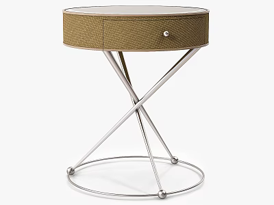 Round Brown Bedside Table With Drawer And Crossed Metal Frame Base 3d model