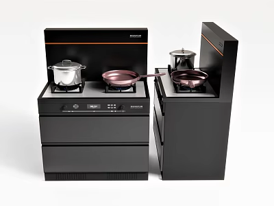 Black Modern Kitchen Appliances With Gas Stove Pots And Storage Cabinets 3d model