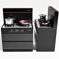 Black Modern Kitchen Appliances With Gas Stove Pots And Storage Cabinets