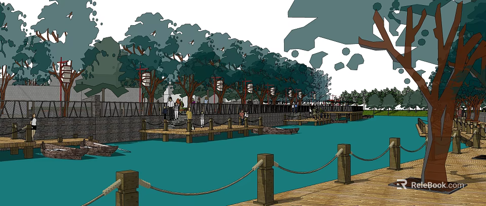 Scenic Riverside Landscape With Blue Water Wooden Boardwalk Trees And Lanterns 3d model 