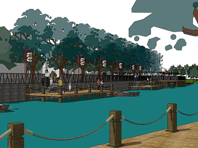 Scenic Riverside Landscape With Blue Water Wooden Boardwalk Trees And Lanterns 3d model