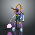 Purple Armored Robot Character Holding Blaster With Orange Cables And Glowing Pink Sphere Creature