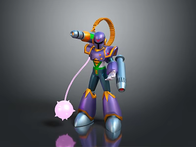Purple Armored Robot Character Holding Blaster With Orange Cables And Glowing Pink Sphere Creature 3d model