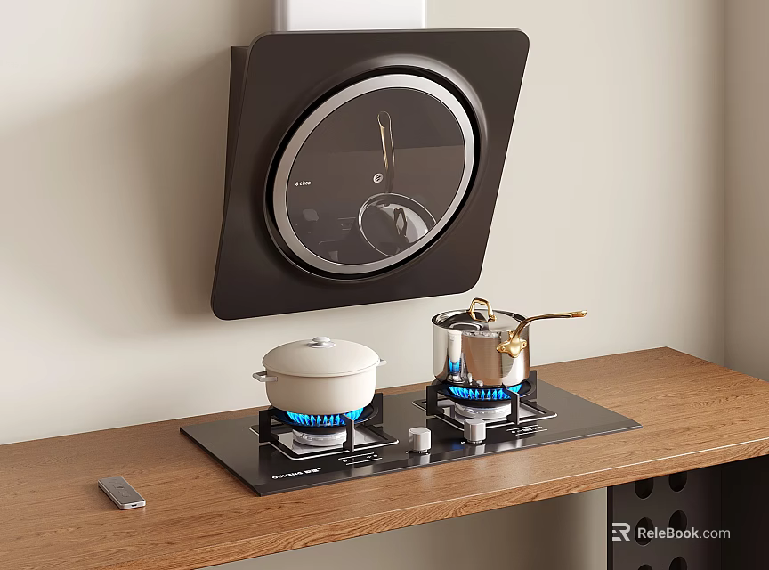 Modern Kitchen With Wall Mounted Range Hood And Gas Stove On Wooden Countertop 3d model 