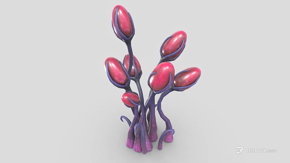 Strange Plant Creature With Multiple Magenta Buds And Purple Curved Stems 3d model 
