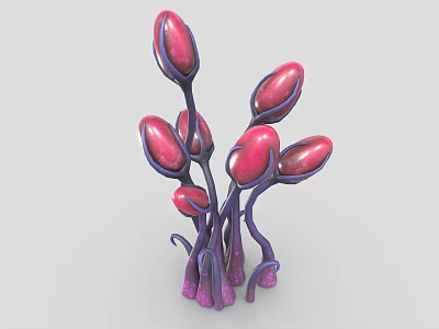 Strange Plant Creature With Multiple Magenta Buds And Purple Curved Stems 3d model