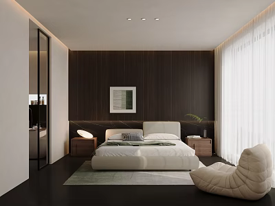 Modern Bedroom Interior Design With Dark Wooden Accent Wall White Bed And Lounge Chair 3d model