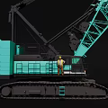 Teal Tracked Industrial Crane With Extended Boom And Lifting Hook For Construction Projects