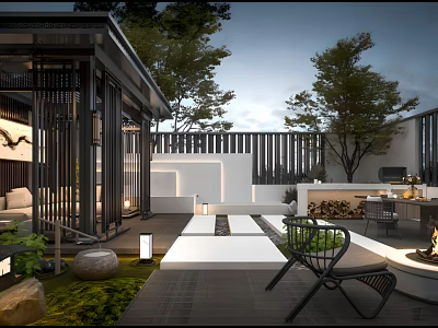 Modern Garden Design With Pavilion Outdoor Seating Fire Pit Stone Pathway And Green Plants 3d model
