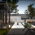 Modern Garden Design With Pavilion Outdoor Seating Fire Pit Stone Pathway And Green Plants