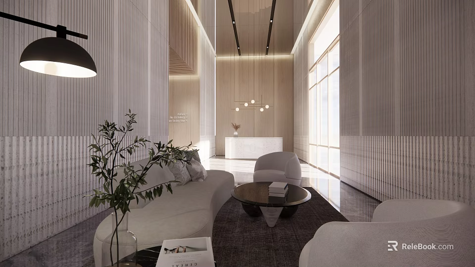 Minimalist Hotel Lobby Interior With Comfortable Sofa Coffee Table Decorative Plants And Pendant Lights 3d model 
