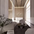 Minimalist Hotel Lobby Interior With Comfortable Sofa Coffee Table Decorative Plants And Pendant Lights