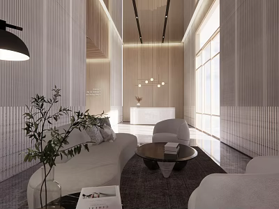 Minimalist Hotel Lobby Interior With Comfortable Sofa Coffee Table Decorative Plants And Pendant Lights 3d model