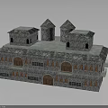 Medieval Castle Style Stone Building With Pointed Towers Arched Doors And Windows