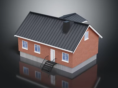 Red Brick House Exterior With Black Roof White Windows White Door Black Stairs And Chimney 3d model