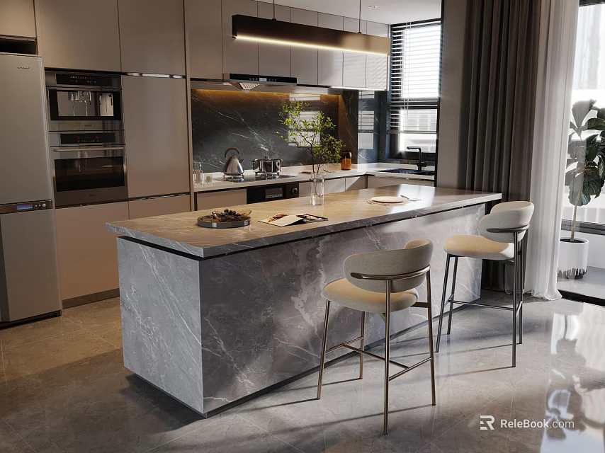 Modern Kitchen Interior Design With Marble Island Countertop Cabinets And White Chairs 3d model 