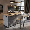 Modern Kitchen Interior Design With Marble Island Countertop Cabinets And White Chairs