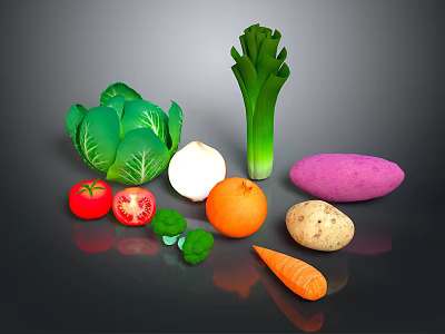 Fresh Assorted Vegetables Including Cabbage Tomatoes Onion Broccoli Carrot and Potatoes 3d model