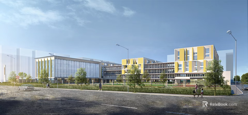 Modern School Buildings Exterior With Greenery And Road 3d model 