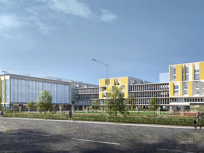 Modern School Buildings Exterior With Greenery And Road 3d model