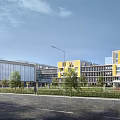 Modern School Buildings Exterior With Greenery And Road