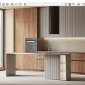 Modern Kitchen Interior With Wooden Cabinets Ribbed Design And Central Island Counter