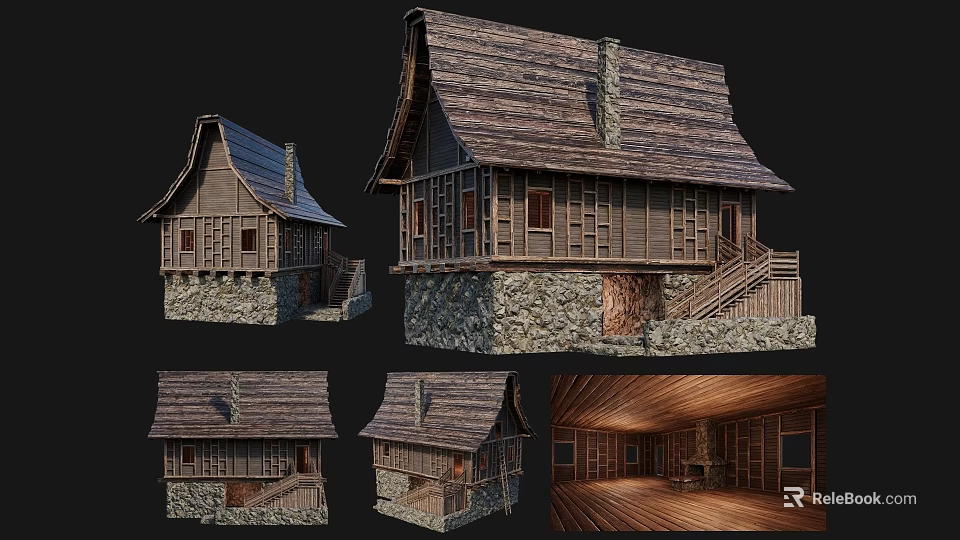 Traditional Ancient Wooden Building Exterior Interior With Stone Base Wooden Roof Beams And Floors 3d model 