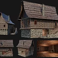 Traditional Ancient Wooden Building Exterior Interior With Stone Base Wooden Roof Beams And Floors