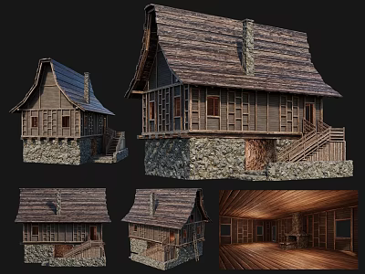 Traditional Ancient Wooden Building Exterior Interior With Stone Base Wooden Roof Beams And Floors 3d model