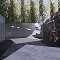 Contemporary Garden Landscape With Water Curtain Stone Flooring And Tall Trees