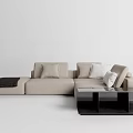 Beige L Shaped Sectional Sofa With Cushions Blanket And Black Side Table 3d model