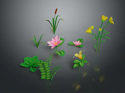 Colorful Assorted Plants Including Pink Lotus Yellow Flowers Ferns and Green Leaves 3d model