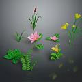 Colorful Assorted Plants Including Pink Lotus Yellow Flowers Ferns and Green Leaves