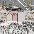 Elegant Banquet Hall With Golden Chandeliers Pink Floral Arrangements Drapes And Tables