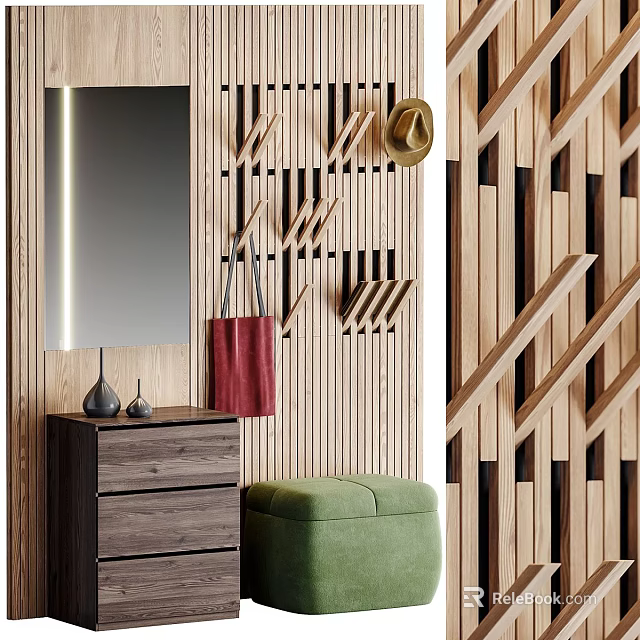 Entryway Side Cabinet With Wooden Wall Hooks Hat Red Bag Mirror And Green Stool 3d model 