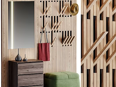 Entryway Side Cabinet With Wooden Wall Hooks Hat Red Bag Mirror And Green Stool 3d model