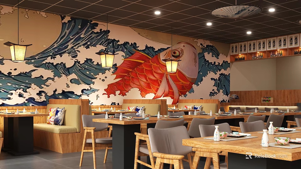 Japanese Restaurant Interior Design With Koi Fish Wave Mural Lanterns And Wooden Tables 3d model 