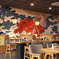 Japanese Restaurant Interior Design With Koi Fish Wave Mural Lanterns And Wooden Tables