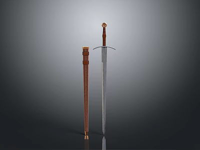 Medieval Metal Sword With Decorative Wooden Handle And Leather Scabbard 3d model