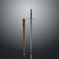 Medieval Metal Sword With Decorative Wooden Handle And Leather Scabbard
