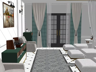 Luxurious SPA Sauna Interior With Comfortable Seating Green Furniture And Curtains 3d model