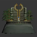 Cartoon Scene With Circular Spiral Platform Steps Golden Statues Pine Trees On Rock Base Tower