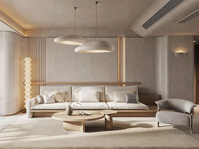 Modern Living Room Interior Design With Comfortable Sofa Coffee Table And Pendant Lights 3d model