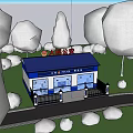 Police Station Architectural Components With Blue Roof White Walls Glass Windows And Fence